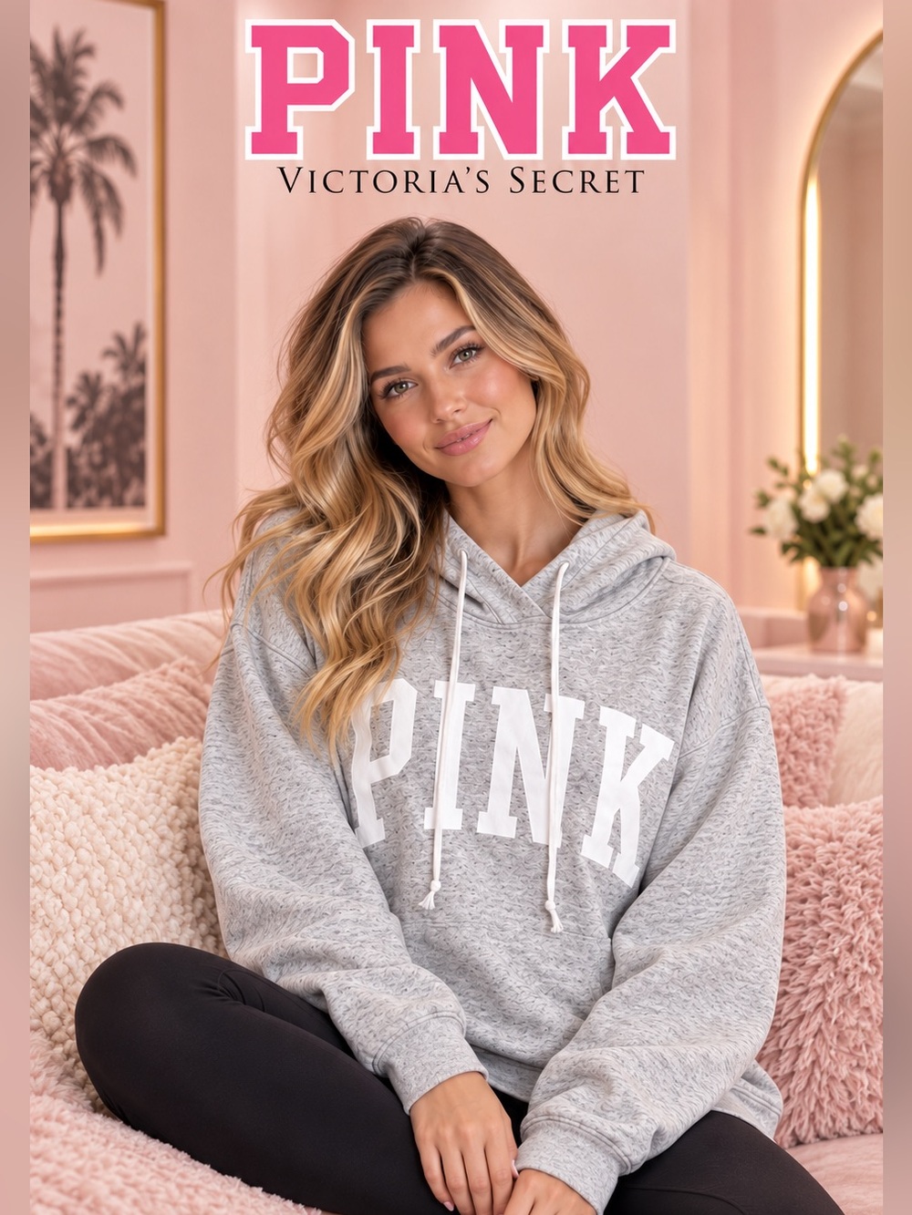 PINK Victoria’s Secret Gray Oversized Fleece Pullover Logo Hoodie M